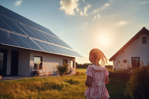 Wind-Solar Hybrid Systems on Roof Young Girl Observes Wind-Solar Hybrid Systems on Roof Young Girl Observes
