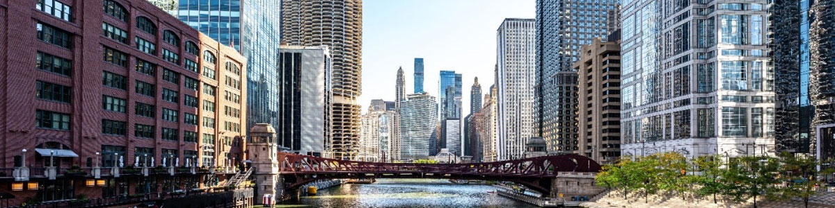 View of Chicago, Illinois and Chicago River with buildings and bridges