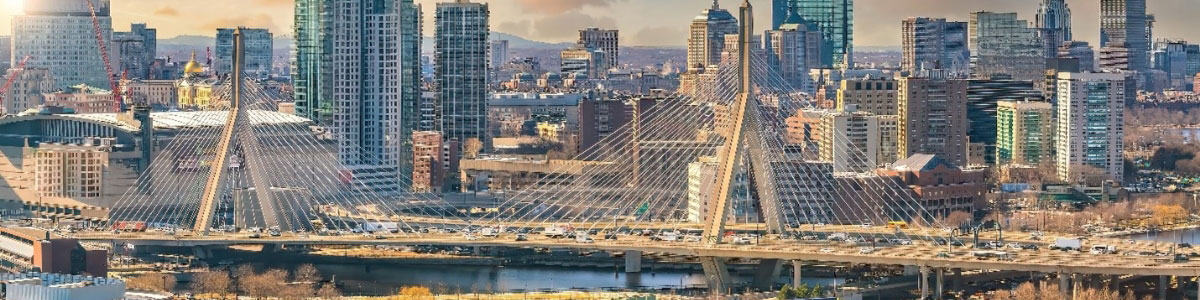 Downtown Boston city skyline cityscape of Massachusetts in United States at sunset