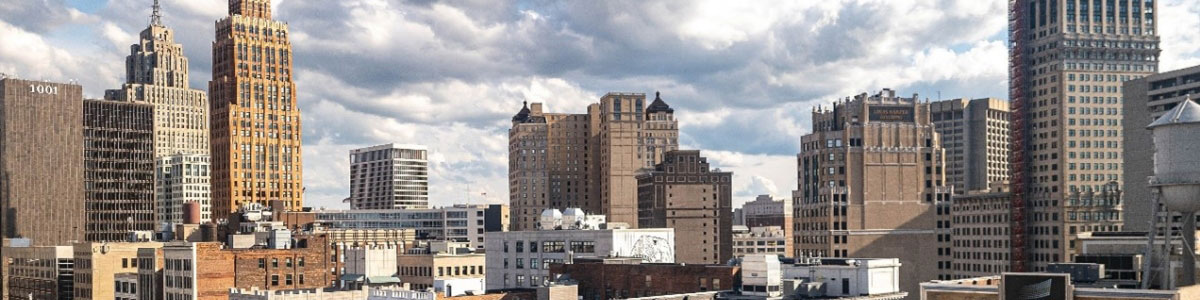 View of the Downtown Detroit skyline in Michigan taken from a rooftop