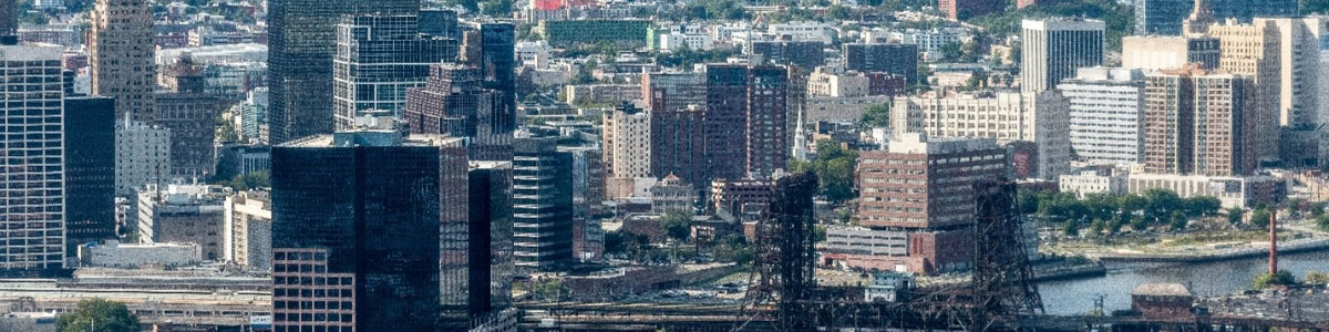 Aerial view of the skyline of Newark, New Jersey, The Passaic River and surrounding areas of Essex County.>