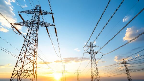 An image of power lines with a sunset in the background